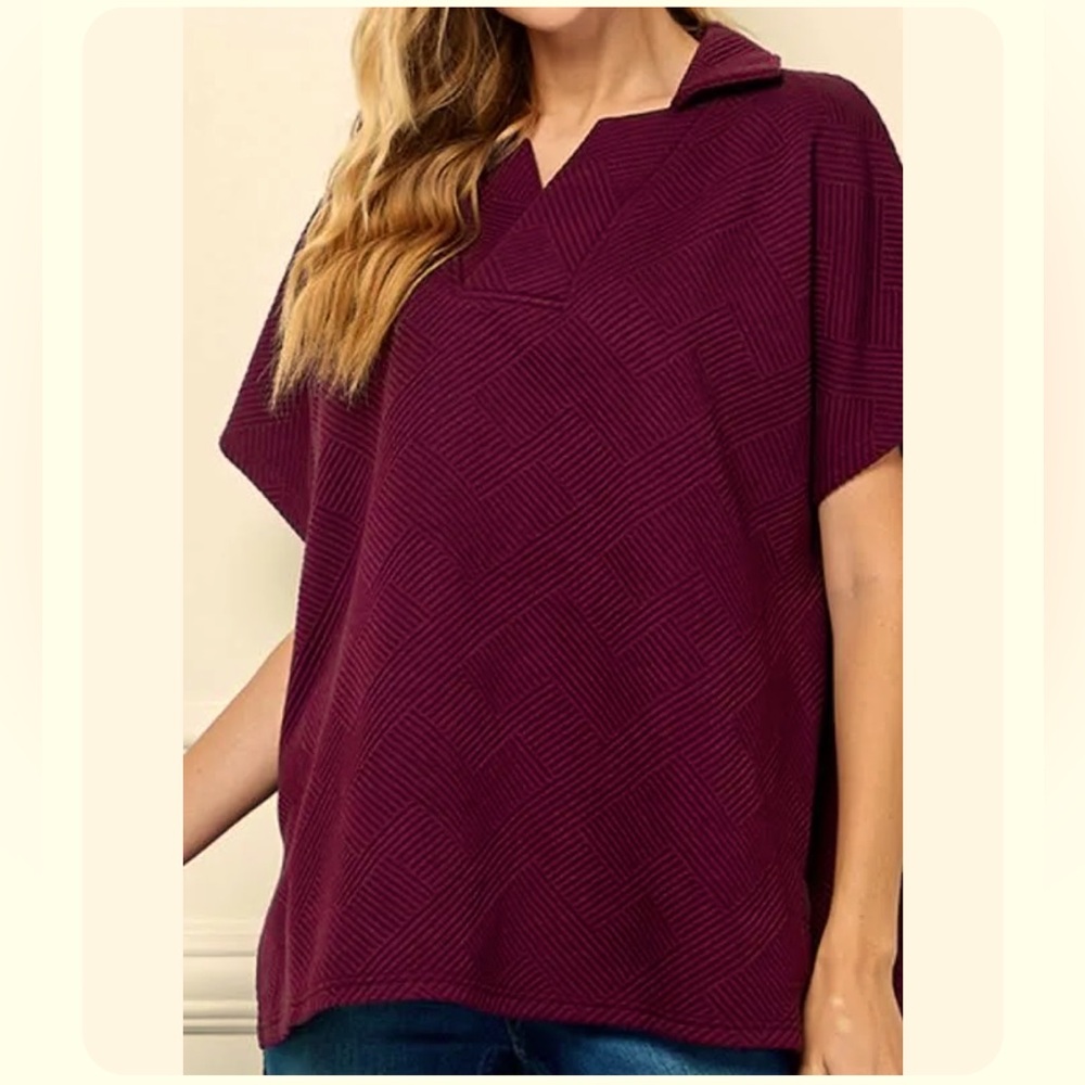 SEEN AND BE SEEN Burgundy chic collared textured shirt.